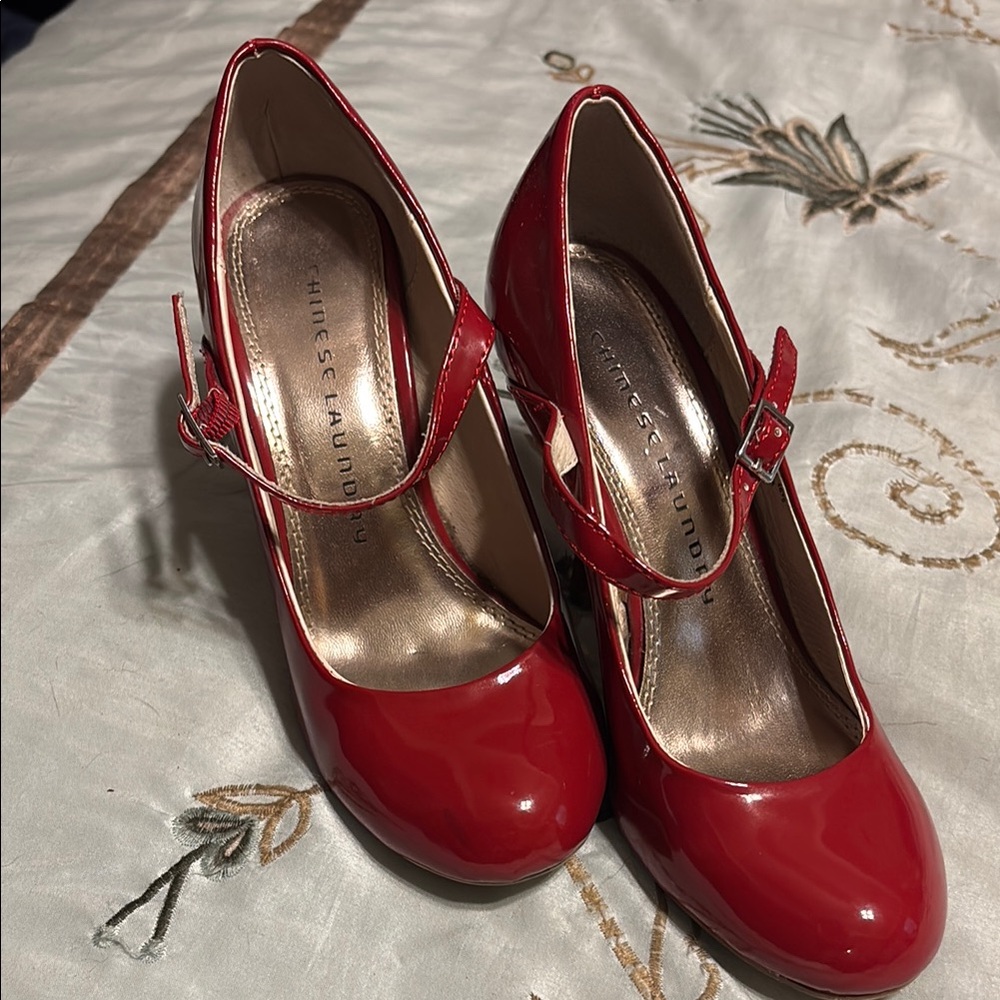 Chinese Laundry Red Heels with Ankle Strap and Rounded Toe